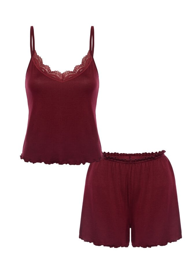 Kadın Viskon Yumuşak Dokulu Dantelli İp Askılı Şortlu Pijama Takımı Bordo - XL