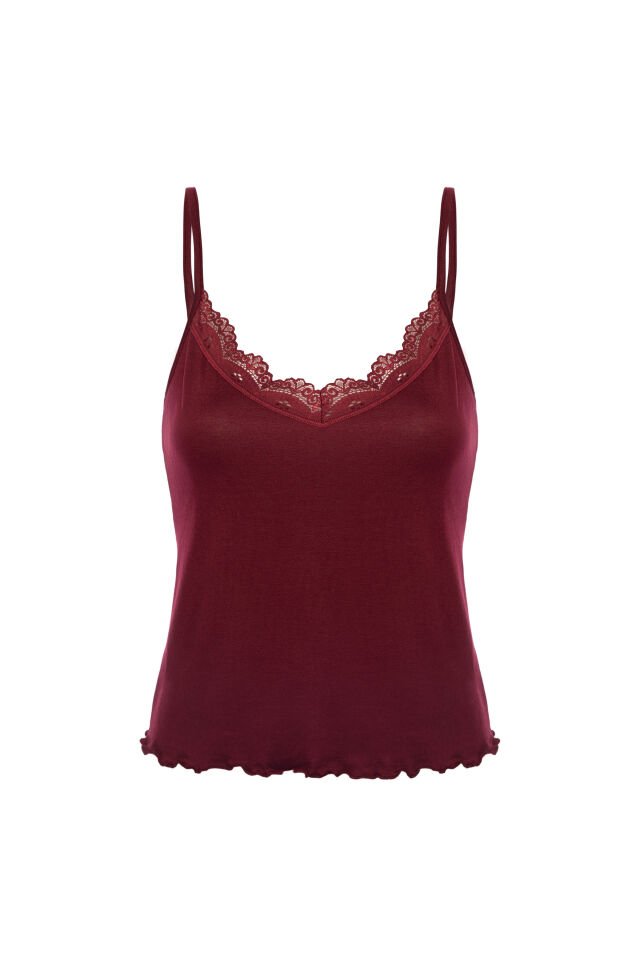 Kadın Viskon Yumuşak Dokulu Dantelli İp Askılı Şortlu Pijama Takımı Bordo - XL
