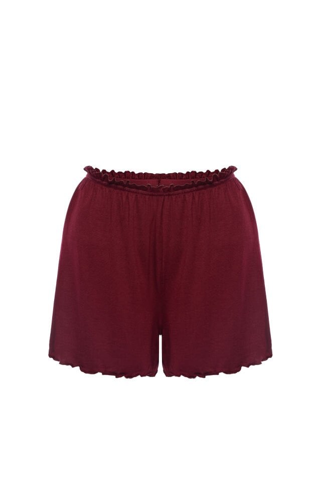 Kadın Viskon Yumuşak Dokulu Dantelli İp Askılı Şortlu Pijama Takımı Bordo - XL