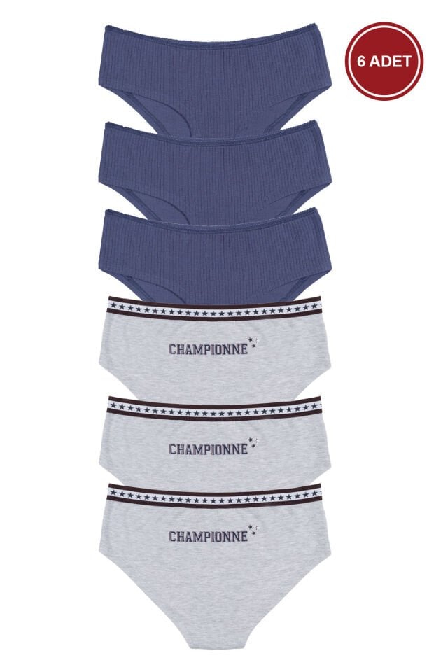 Kadın Pamuklu 6'lı Külot Mavi -  Gri  Melanj - XL