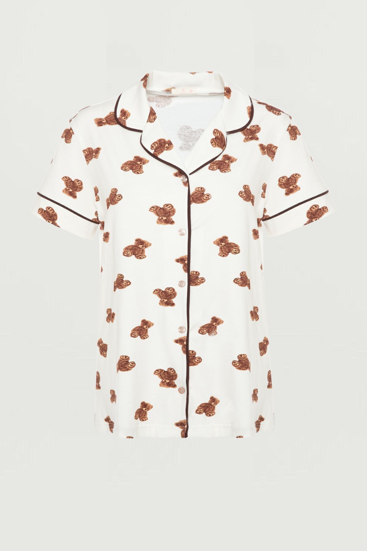 Kadın Pamuklu Ayıcık Desenli Gömlek Yaka Şortlu Pijama Takımı 72124 - XL