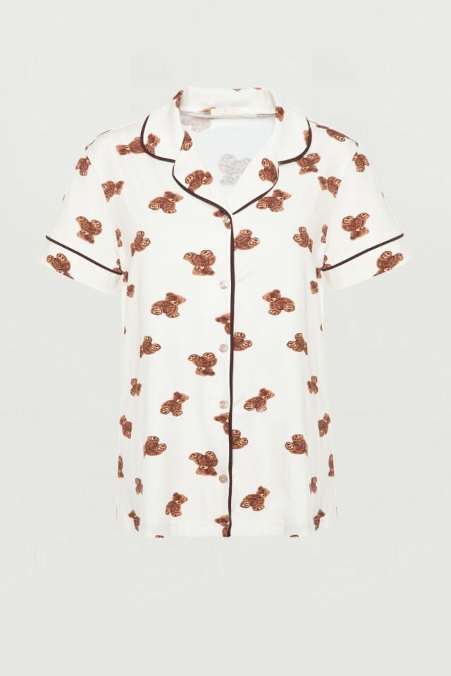 Kadın Pamuklu Ayıcık Desenli Gömlek Yaka Şortlu Pijama Takımı 72124 - XL