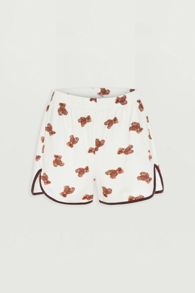 Kadın Pamuklu Ayıcık Desenli Gömlek Yaka Şortlu Pijama Takımı 72124 - XL