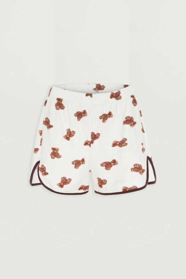 Kadın Pamuklu Ayıcık Desenli Gömlek Yaka Şortlu Pijama Takımı 72124 - L