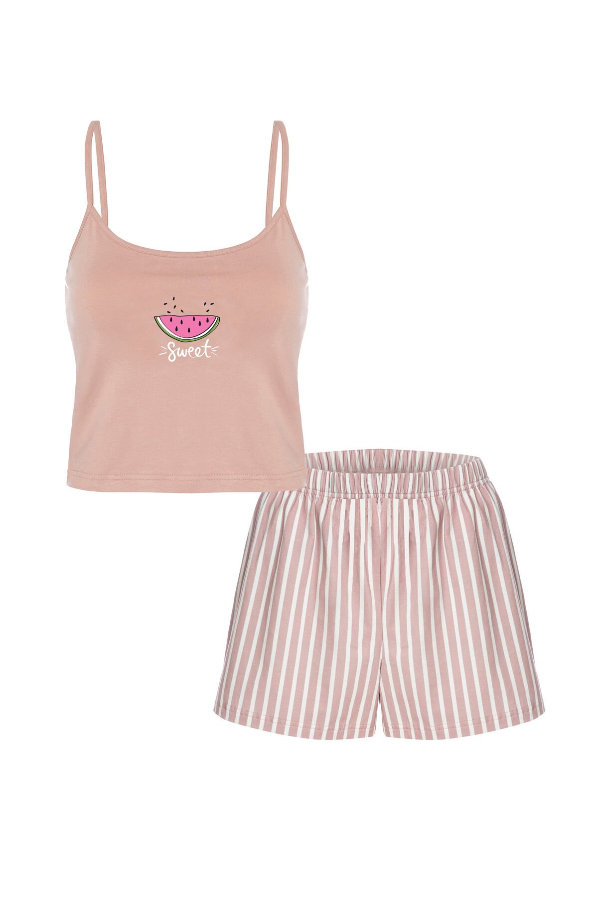 Kadın Pamuklu Çizgili Desenli İp Askılı Şortlu Pijama Takımı KO7203Ş-2 Yavruağzı - XL
