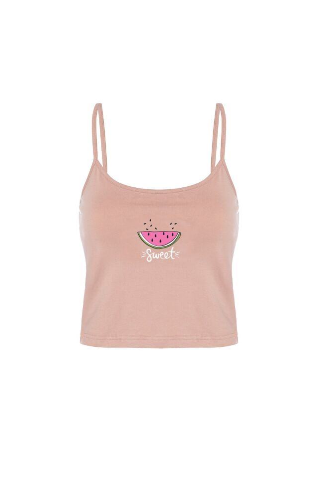 Kadın Pamuklu Çizgili Desenli İp Askılı Şortlu Pijama Takımı KO7203Ş-2 Yavruağzı - XL