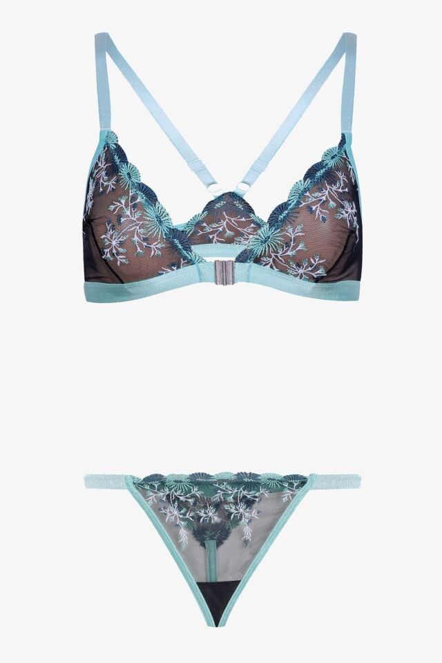 Kadın Çiçekli Desenli Dolgusuz Brodeli Tüllü Sütyen Takım Mavi - 75B - Mavi - 75B