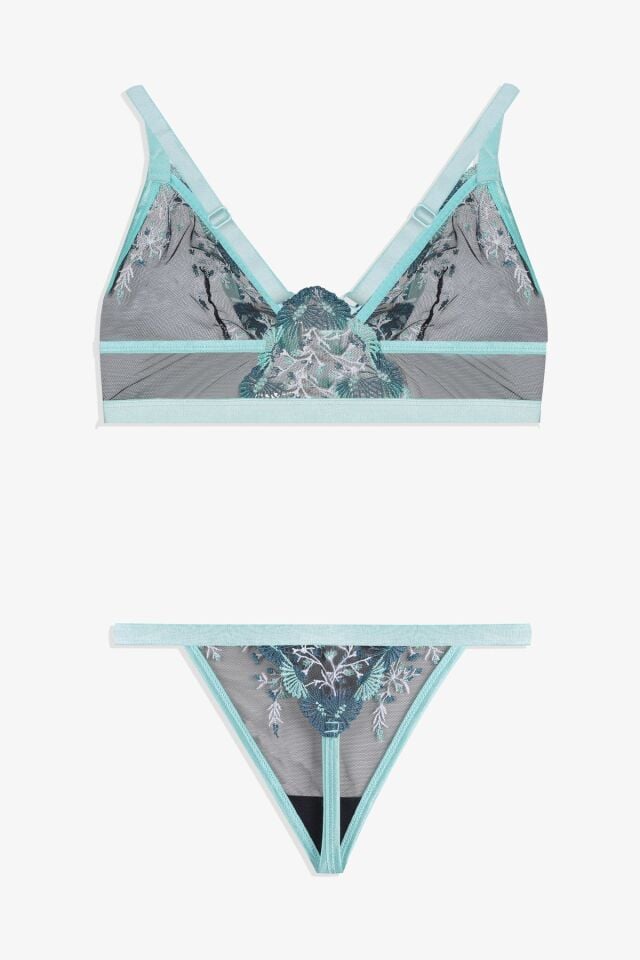 Kadın Çiçekli Desenli Dolgusuz Brodeli Tüllü Sütyen Takım Mavi - 75B - Mavi - 75B