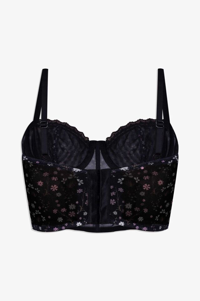 Kadın Çiçekli Desenli Dolgusuz Agraflı Korse Crop Büstiyer Pembe Çiçekli - 75B - Pembe Çiçekli - 75B