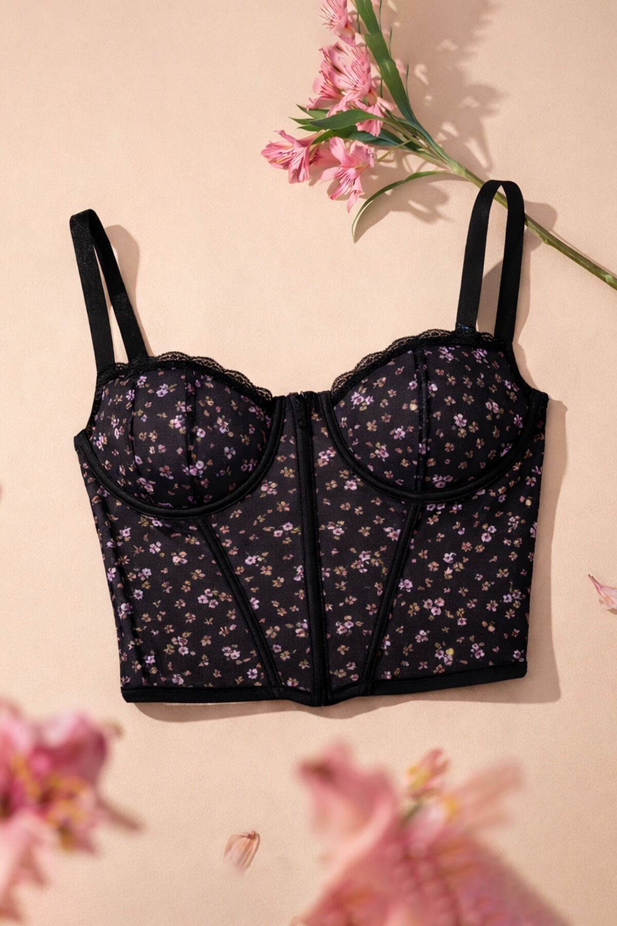 Kadın Çiçekli Desenli Dolgusuz Agraflı Korse Crop Büstiyer Pembe Çiçekli - 75B - Pembe Çiçekli - 75B