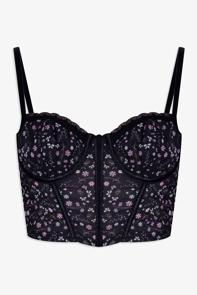 Kadın Çiçekli Desenli Dolgusuz Agraflı Korse Crop Büstiyer Pembe Çiçekli - 75B - Pembe Çiçekli - 75B