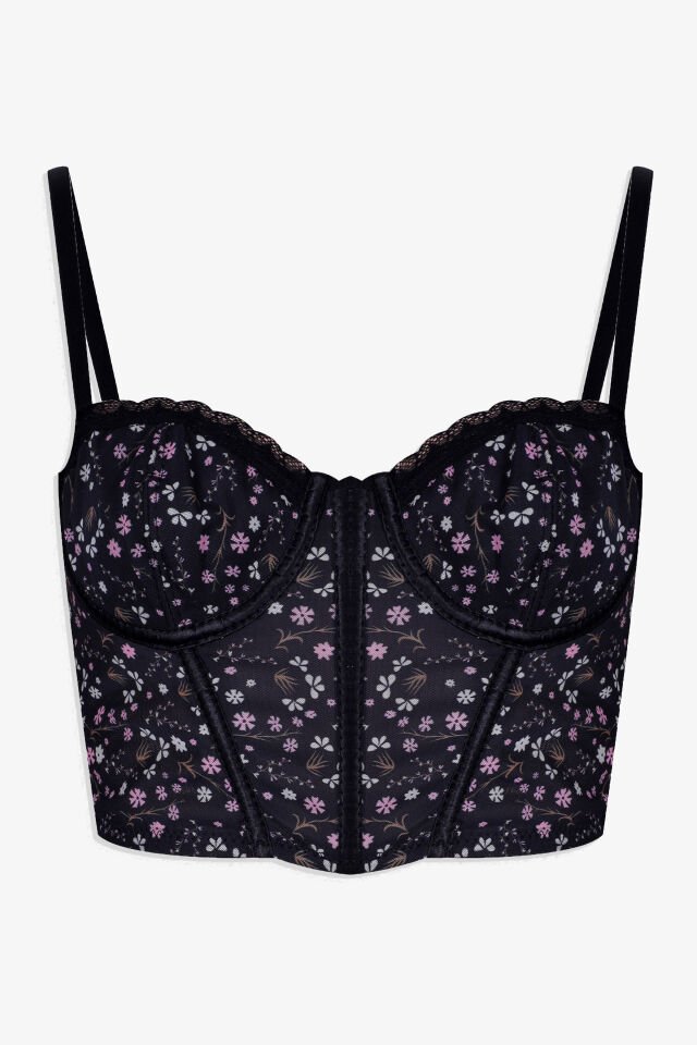 Kadın Çiçekli Desenli Dolgusuz Agraflı Korse Crop Büstiyer Pembe Çiçekli - 80B - Pembe Çiçekli - 80B