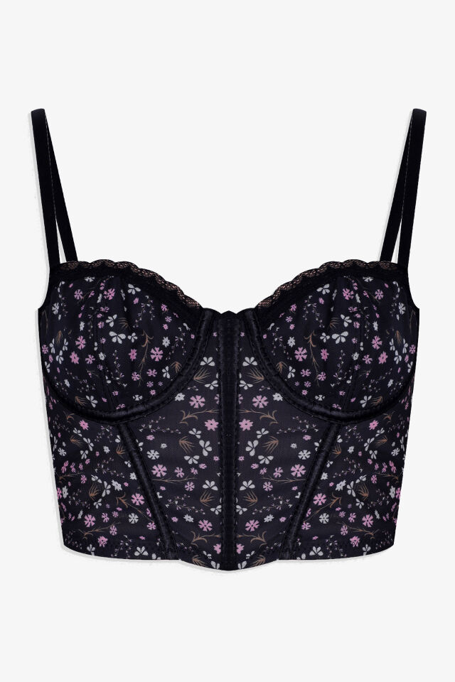 Kadın Çiçekli Desenli Dolgusuz Agraflı Korse Crop Büstiyer Pembe Çiçekli - 80B - Pembe Çiçekli - 80B