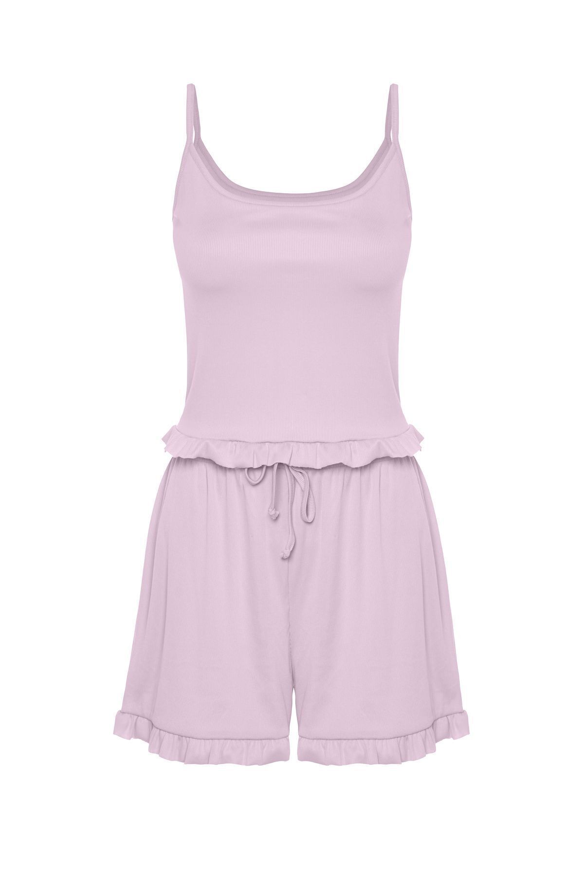 Kadın İnce Askılı Fırfır Şortlu Pijama Takımı Lila - XL