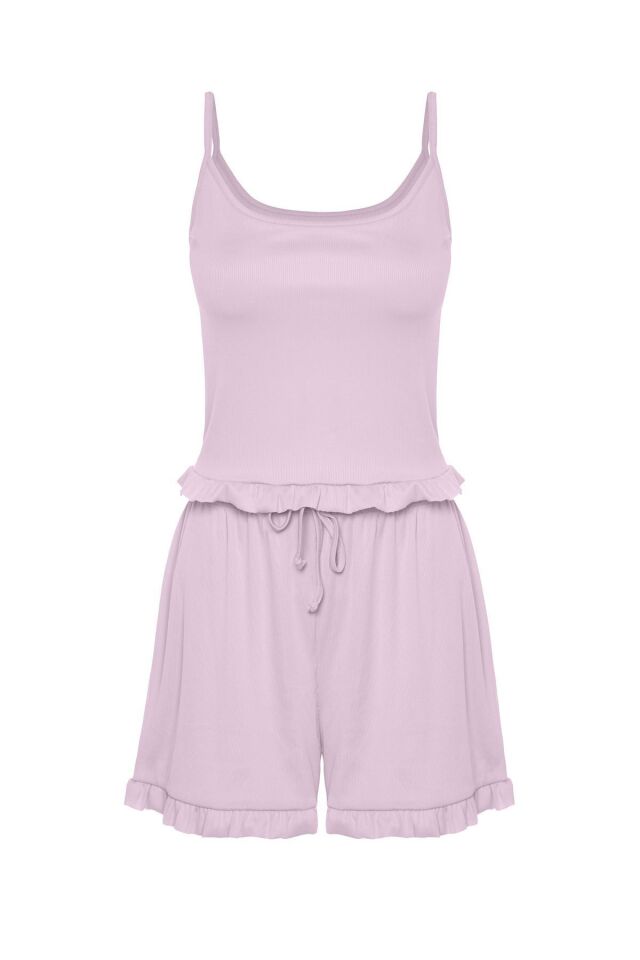 Kadın İnce Askılı Fırfır Şortlu Pijama Takımı Lila - XL
