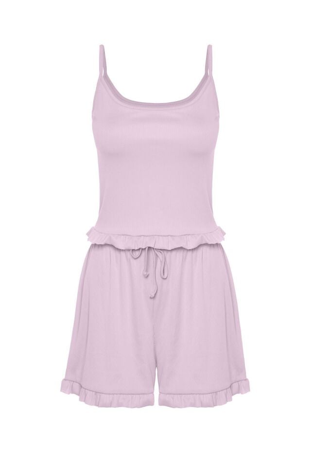 Kadın İnce Askılı Fırfır Şortlu Pijama Takımı Lila - XL