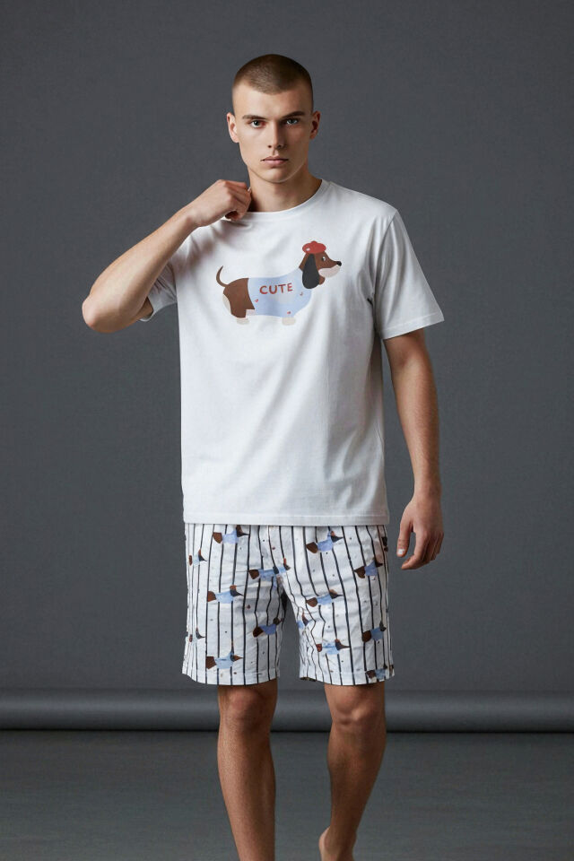 Erkek Pamuklu Köpek Baskılı Cepli Şort Pijama Takımı Beyaz - Mavi - L