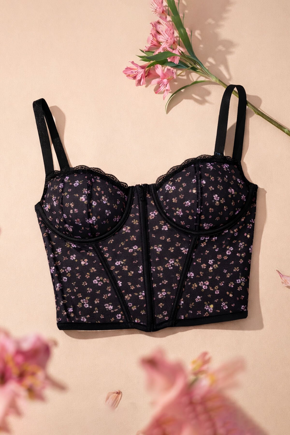 Kadın Çiçekli Desenli Dolgusuz Agraflı Korse Crop Büstiyer Pembe Çiçekli - 85B - Pembe Çiçekli - 85B
