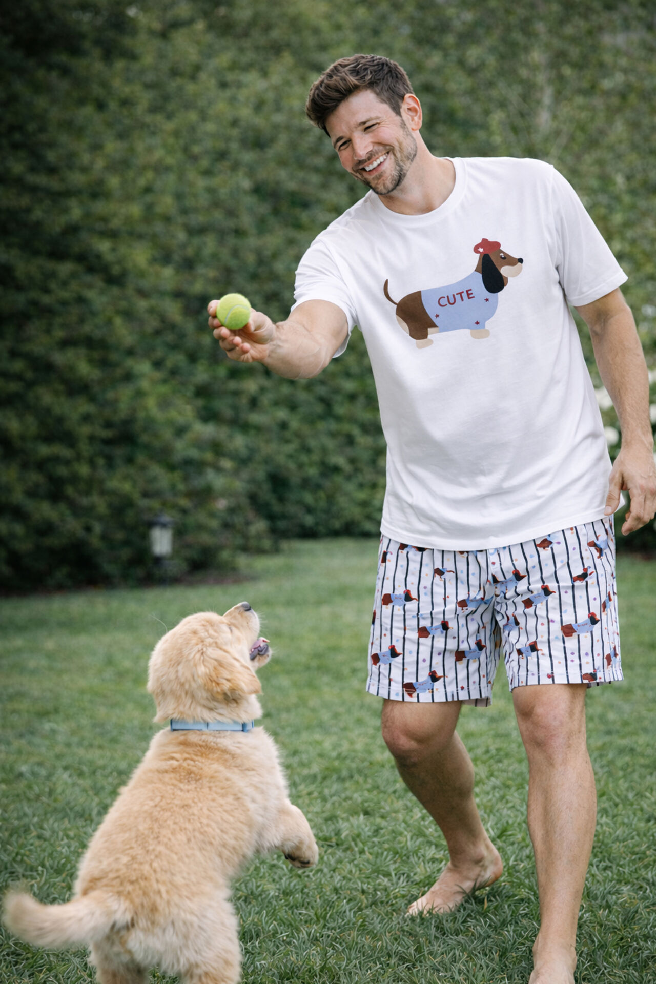 Erkek Pamuklu Köpek Baskılı Cepli Şort Pijama Takımı Beyaz - Mavi - XL