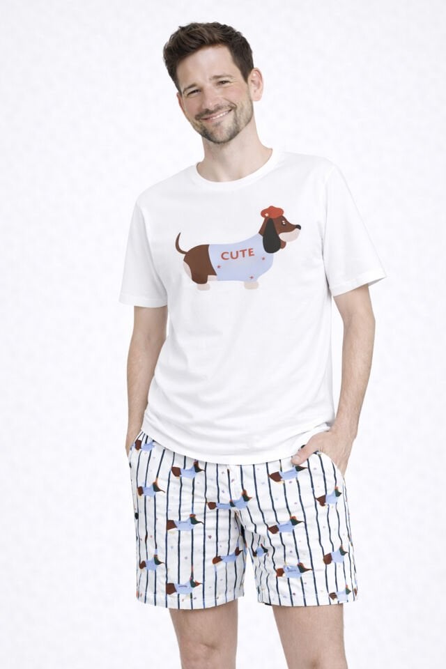 Erkek Pamuklu Köpek Baskılı Cepli Şort Pijama Takımı Beyaz - Mavi - XL