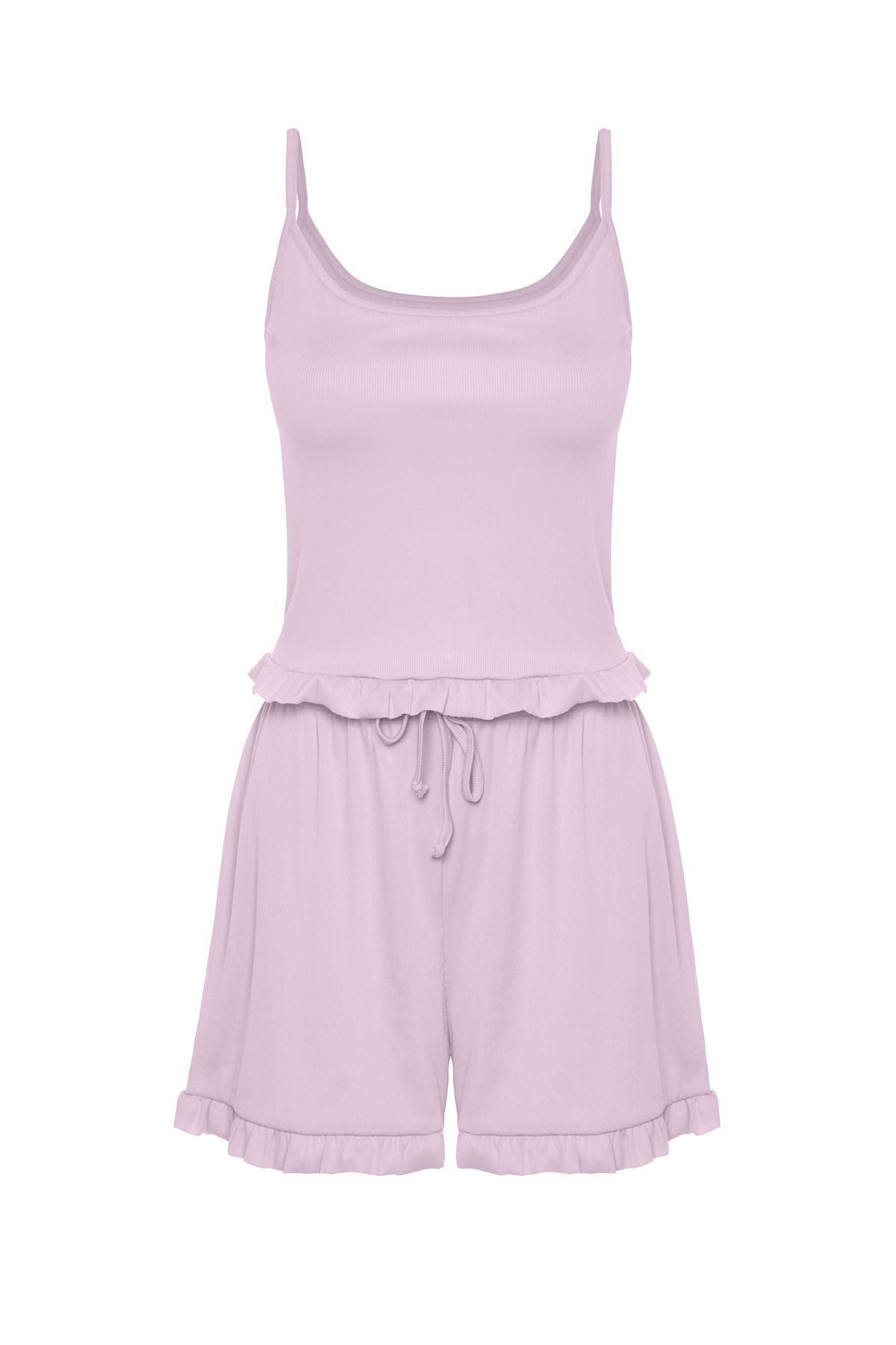 Kadın İnce Askılı Fırfır Şortlu Pijama Takımı Lila - S