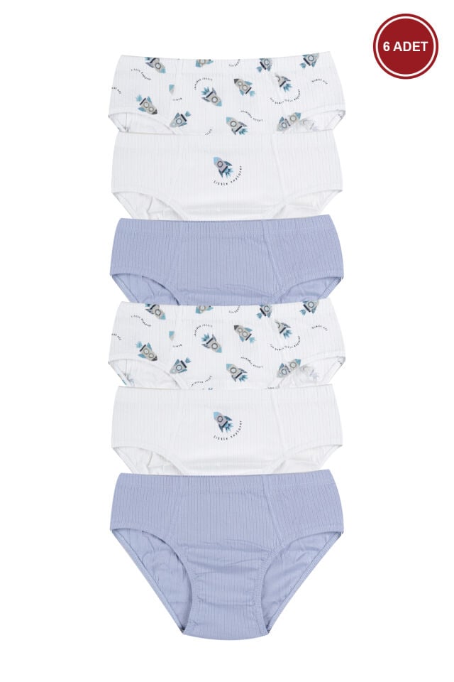 Erkek Çocuk Pamuklu Fitilli 6'lı Desenli Slip Mavi - Beyaz - 9-11 Yaş