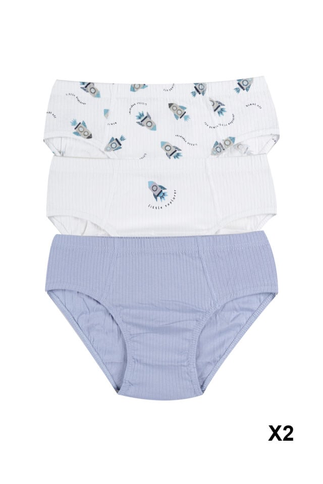 Erkek Çocuk Pamuklu Fitilli 6'lı Desenli Slip Mavi - Beyaz - 9-11 Yaş