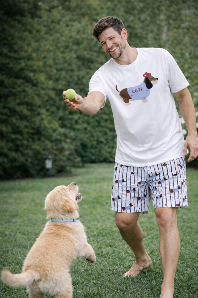 Erkek Pamuklu Köpek Baskılı Cepli Şort Pijama Takımı Beyaz - Mavi - 2XL