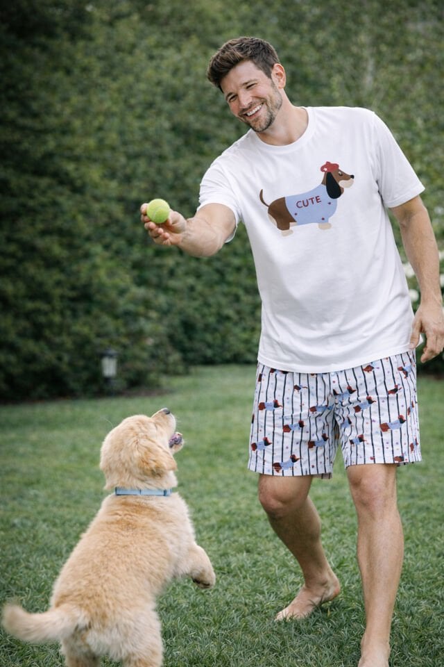 Erkek Pamuklu Köpek Baskılı Cepli Şort Pijama Takımı Beyaz - Mavi - 2XL