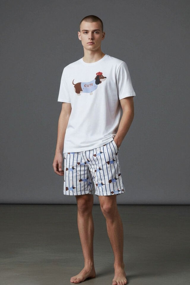 Erkek Pamuklu Köpek Baskılı Cepli Şort Pijama Takımı Beyaz - Mavi - 2XL