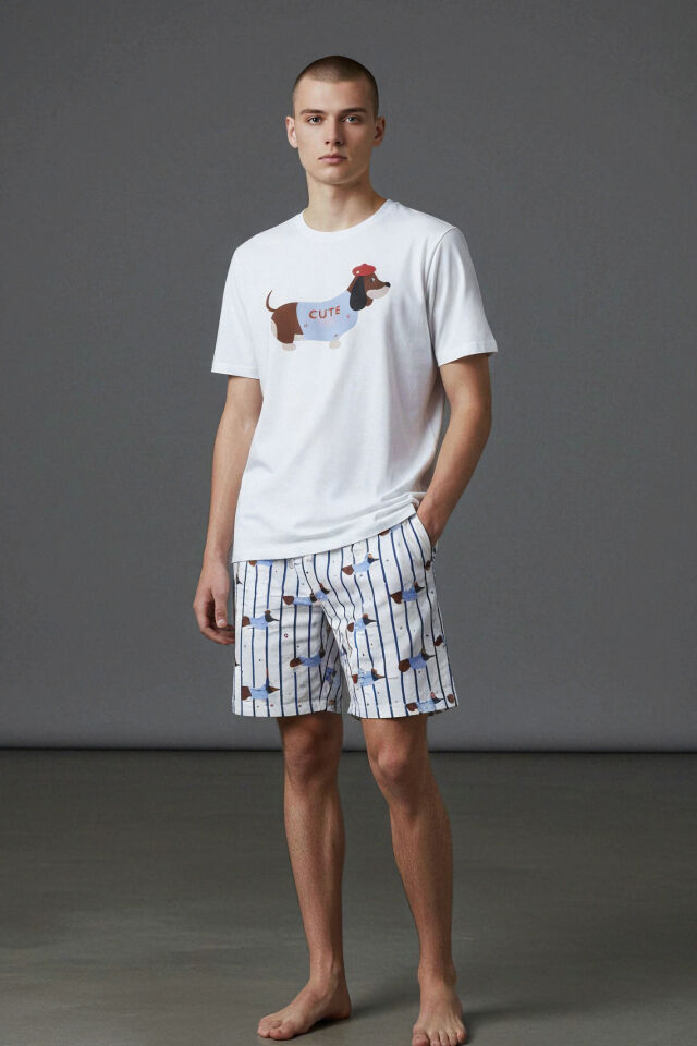 Erkek Pamuklu Köpek Baskılı Cepli Şort Pijama Takımı Beyaz - Mavi - 2XL