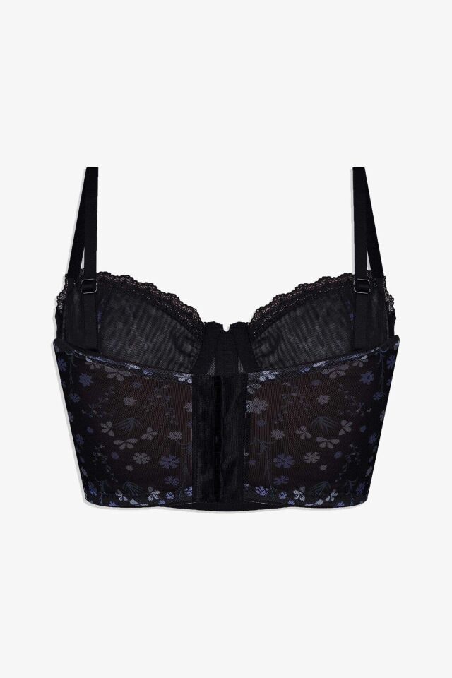 Kadın Çiçekli Desenli Dolgusuz Agraflı Korse Crop Büstiyer Mavi Çiçekli - 80B - Mavi Çiçekli - 80B