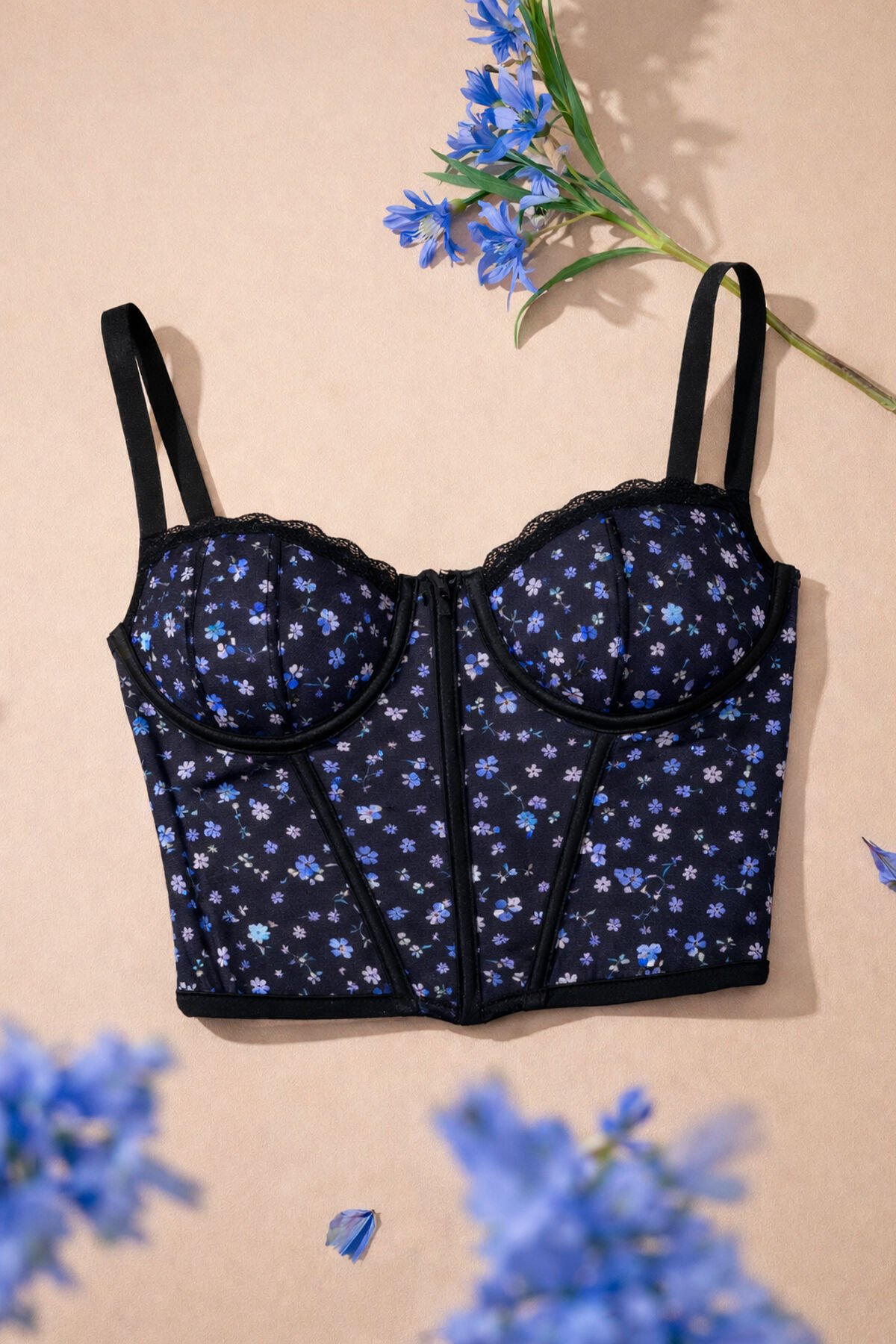 Kadın Çiçekli Desenli Dolgusuz Agraflı Korse Crop Büstiyer Mavi Çiçekli - 80B - Mavi Çiçekli - 80B