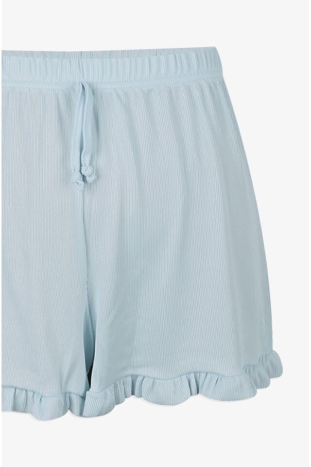 Kadın İnce Askılı Fırfır Şortlu Pijama Takımı Bebe Mavisi - M