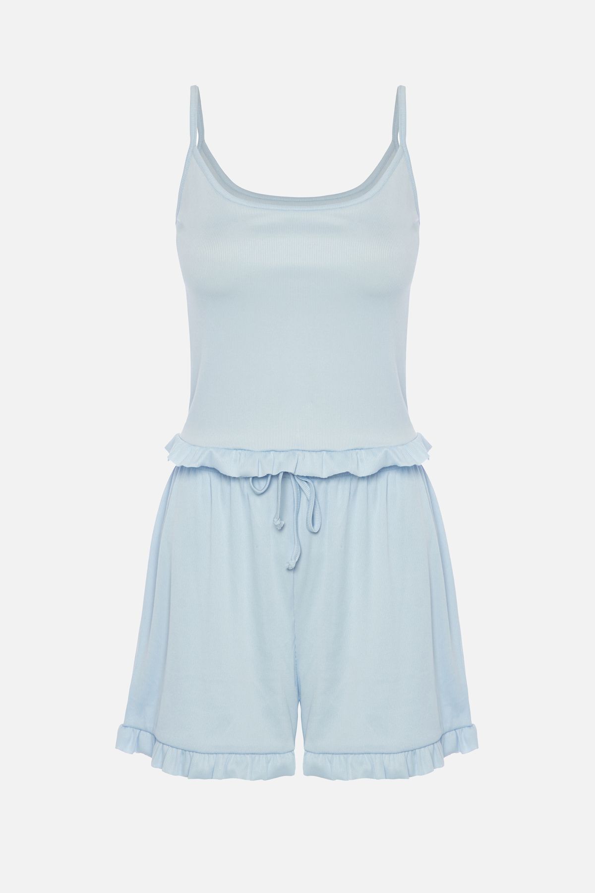 Kadın İnce Askılı Fırfır Şortlu Pijama Takımı Bebe Mavisi - XL