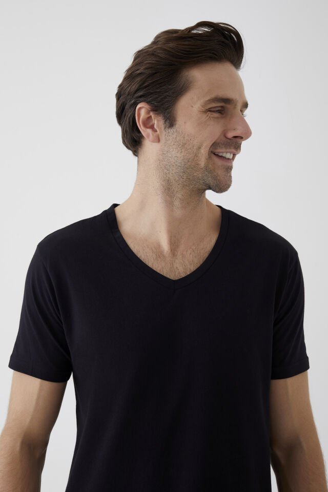 Erkek Pamuklu V Yaka Kısa Kollu Tişört Siyah - XL