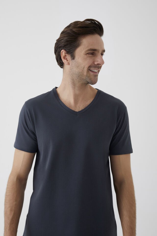 Erkek Pamuklu V Yaka Kısa Kollu Tişört S - Füme