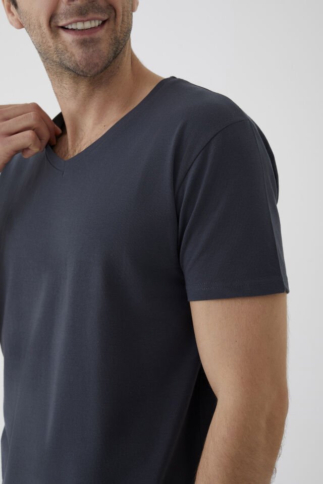 Erkek Pamuklu V Yaka Kısa Kollu Tişört S - Füme