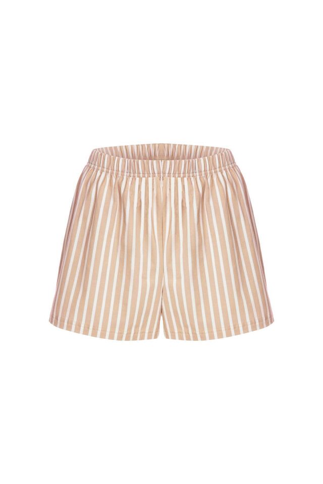 Kadın Pamuklu Çizgili Desenli İp Askılı Şortlu Pijama Takımı KO7203Ş-5 Turuncu - XL