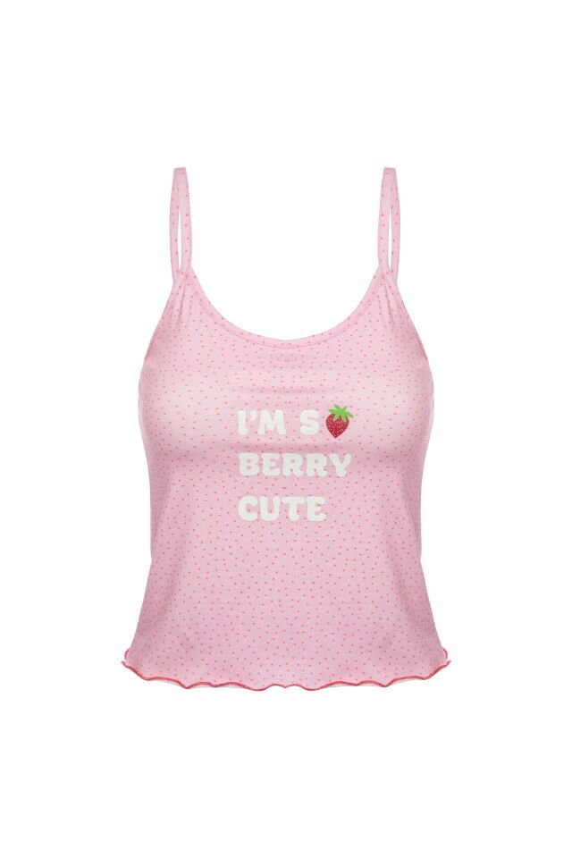 Kadın İnce Askılı Desenli Pamuklu Şortlu Pijama Takımı Pembe - S