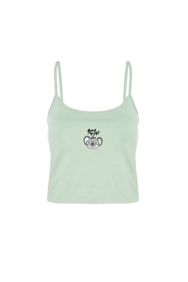Kadın Pamuklu Çizgili Desenli İp Askılı Şortlu Pijama Takımı KO7203Ş-3 Su Yeşili - L