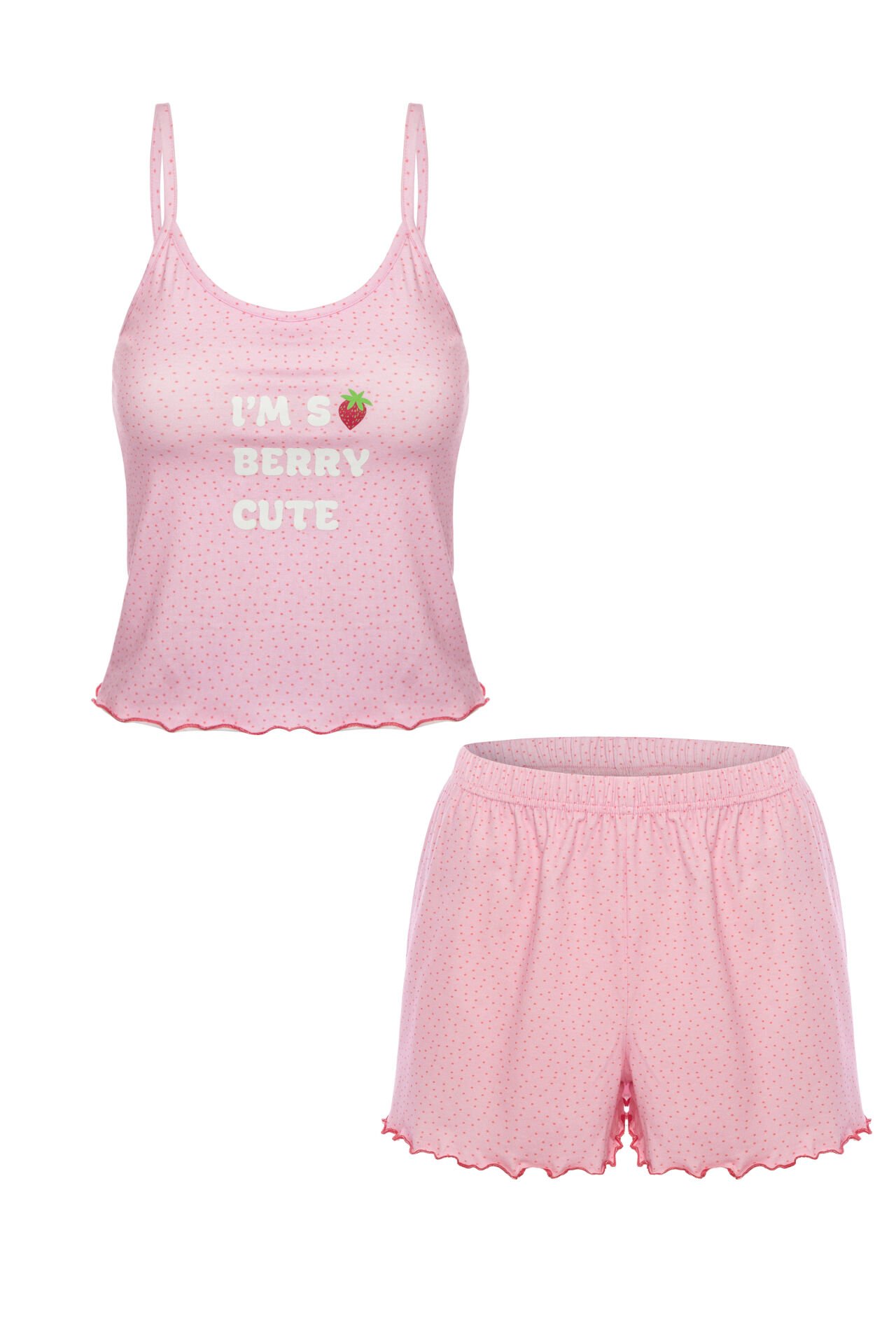 Kadın İnce Askılı Desenli Pamuklu Şortlu Pijama Takımı Pembe - XL