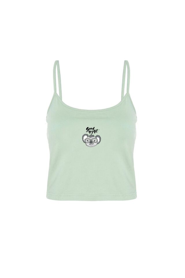 Kadın Pamuklu Çizgili Desenli İp Askılı Şortlu Pijama Takımı KO7203Ş-3 Su Yeşili - M