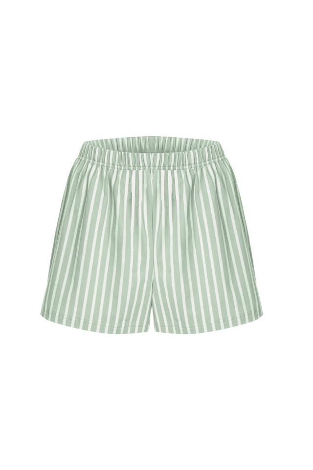 Kadın Pamuklu Çizgili Desenli İp Askılı Şortlu Pijama Takımı KO7203Ş-3 Su Yeşili - M