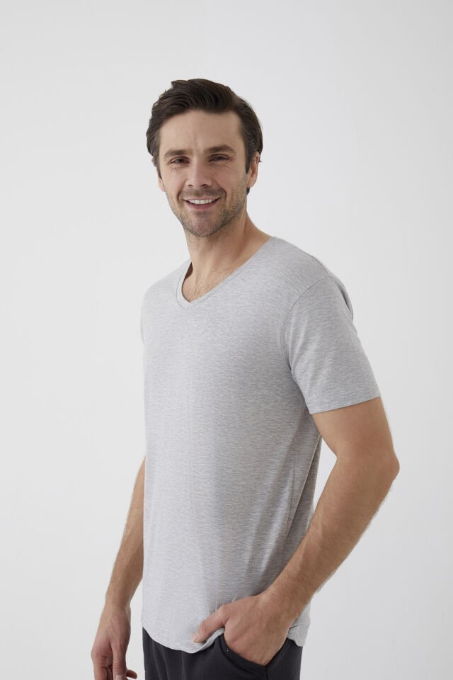 Erkek Pamuklu V Yaka Kısa Kollu Tişört M - Gri