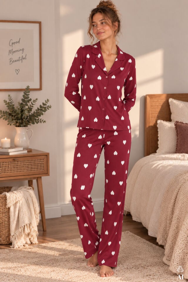 Kadın Soft Touch Kırmızı Kalp Desenli Gömlek Yaka Uzun Kollu Pijama Takımı Bordo - Ekru - XL