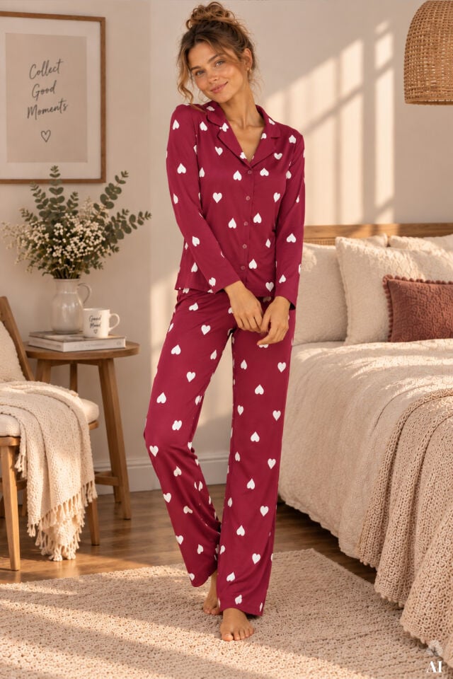 Kadın Soft Touch Kırmızı Kalp Desenli Gömlek Yaka Uzun Kollu Pijama Takımı Bordo - Ekru - XL