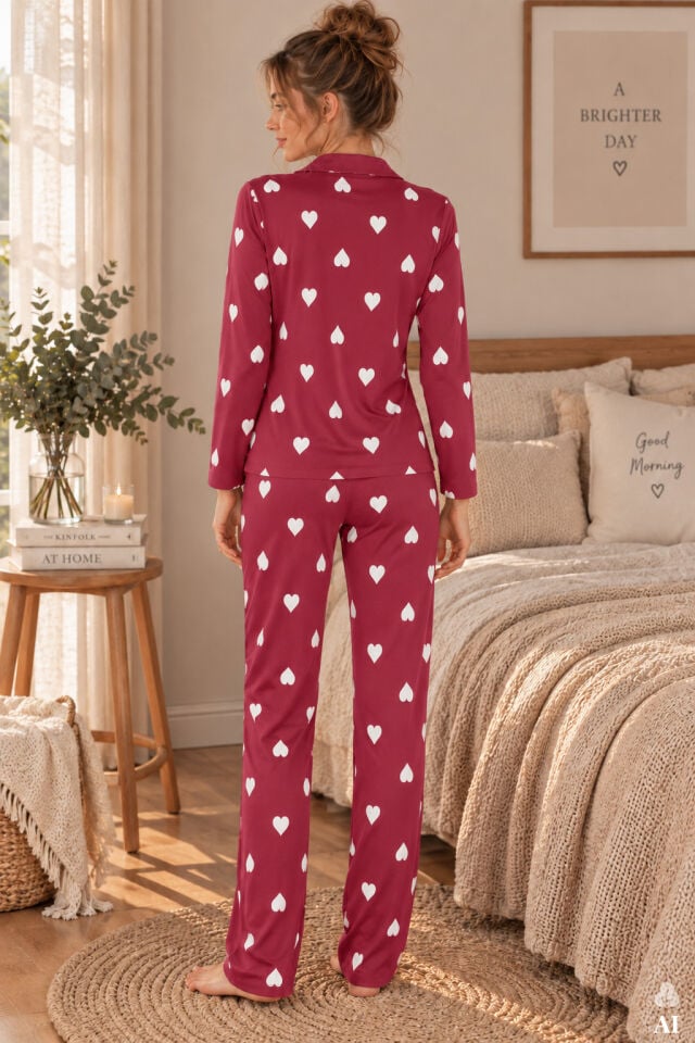 Kadın Soft Touch Kırmızı Kalp Desenli Gömlek Yaka Uzun Kollu Pijama Takımı Bordo - Ekru - XL