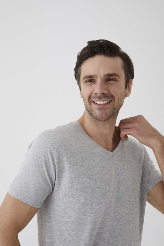 Erkek Pamuklu V Yaka Kısa Kollu Tişört Gri - XL