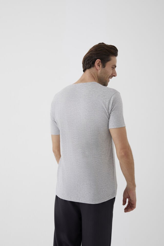 Erkek Pamuklu V Yaka Kısa Kollu Tişört 2XL - Gri